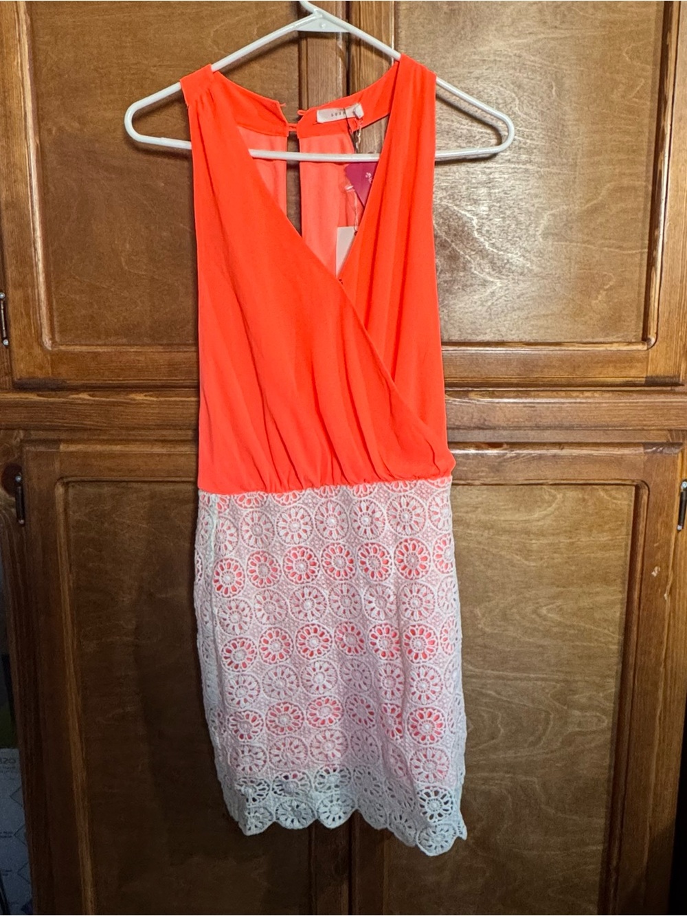 Lush Coral One-Shoulder Dress with White Lace Skirt